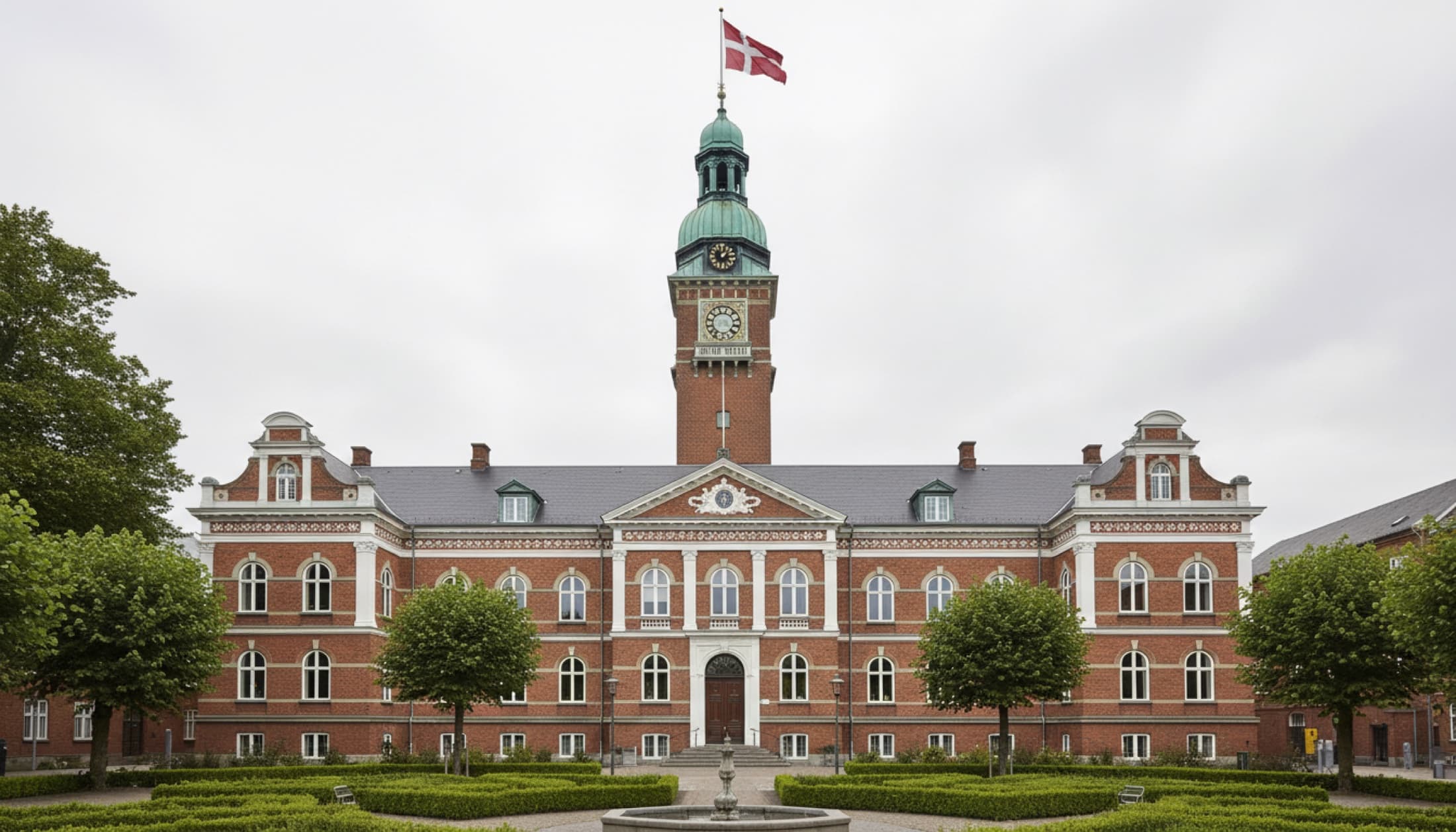Et dansk rådhus med Dannebrog - symbol på offentlig tillid og lokalt samarbejde